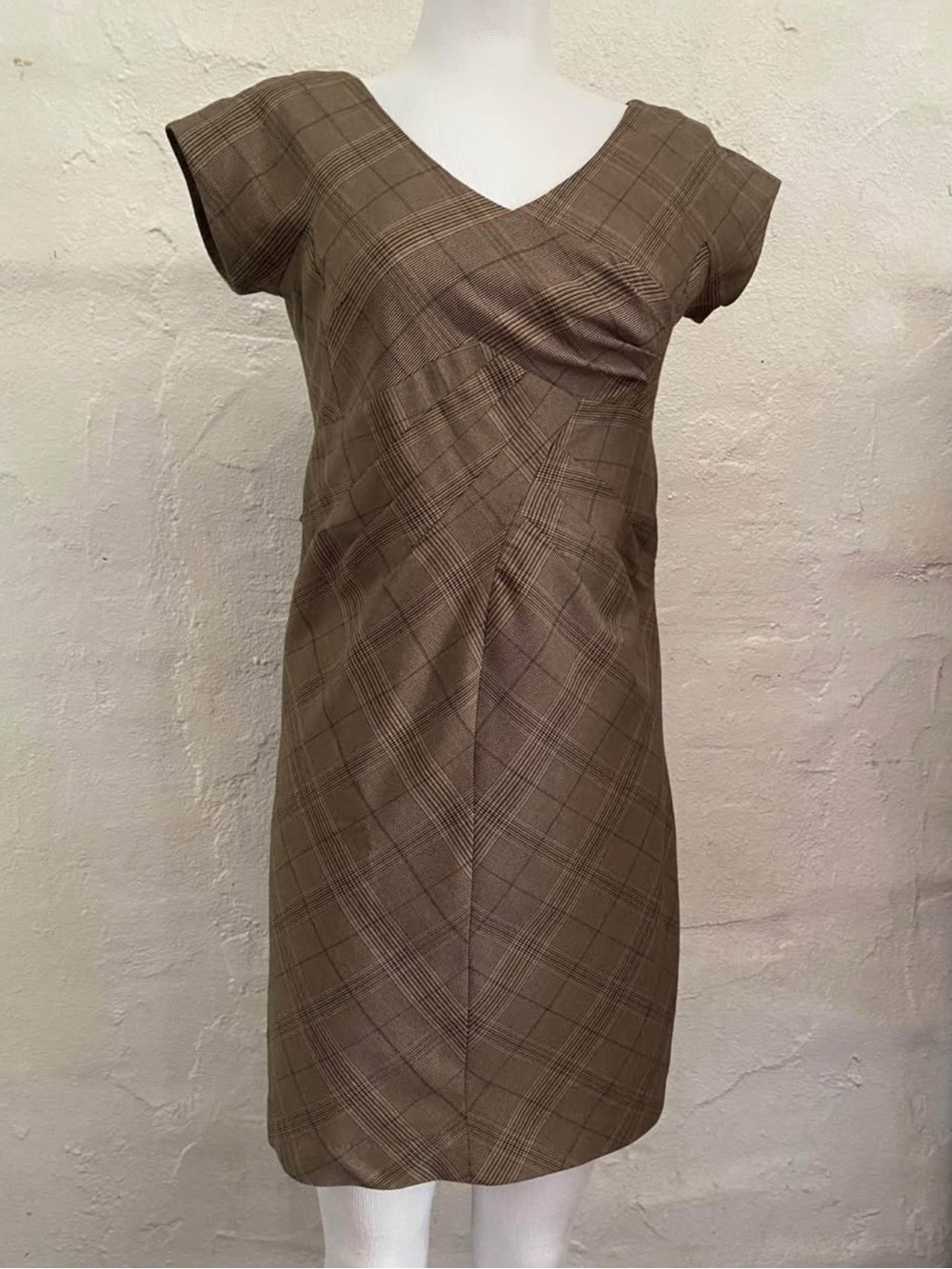 Michael Kors Brown Plaid V-Neck Cap Sleeve Mini Dress
